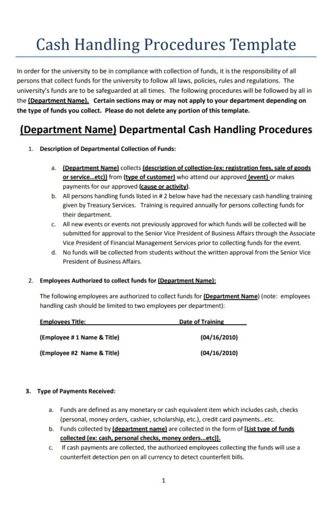 Cash Handling Manual Template